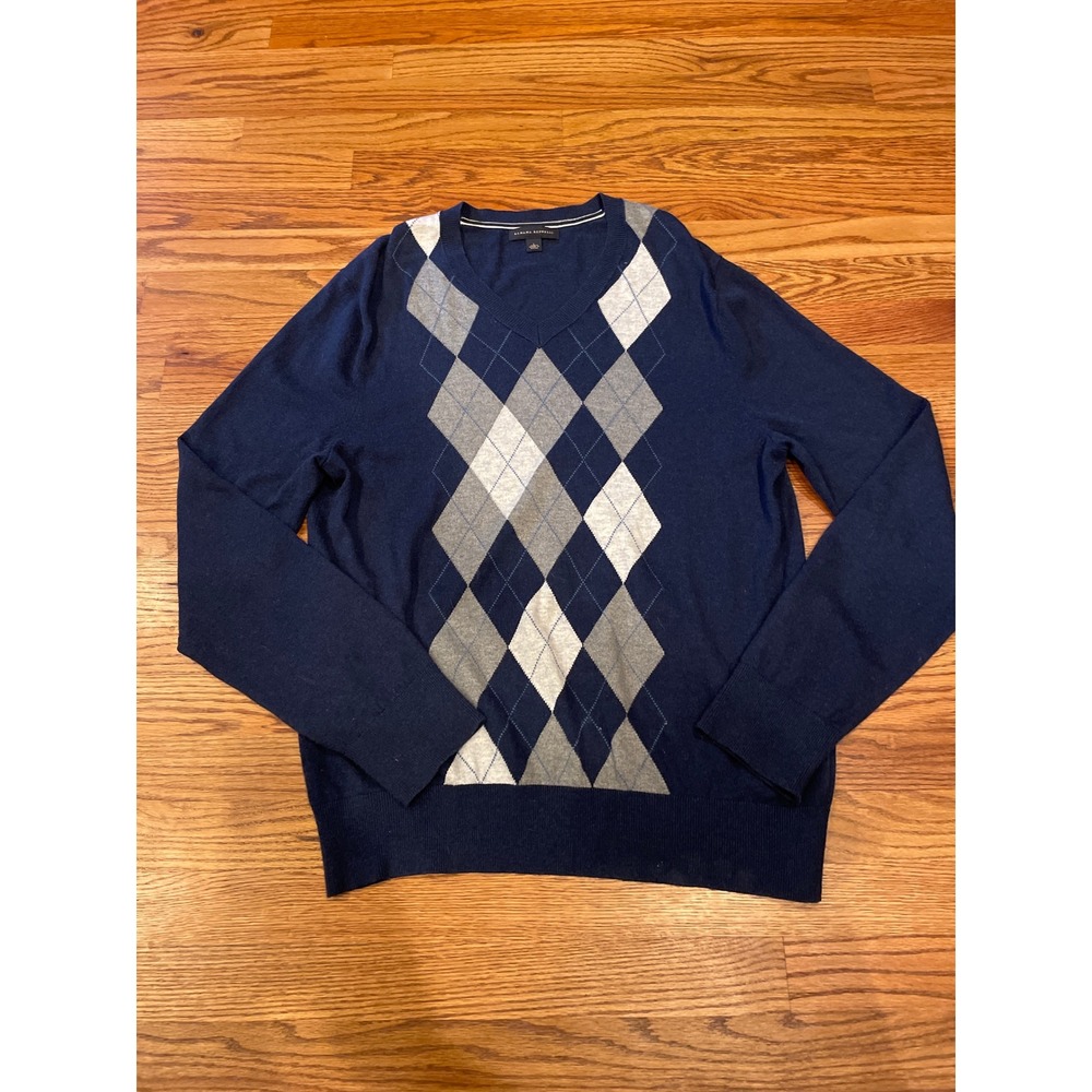 Banana Republic Mens Sweater Large Navy Blue Argyle V-Neck Cashmere Blend Preppy - Picture 2 of 9